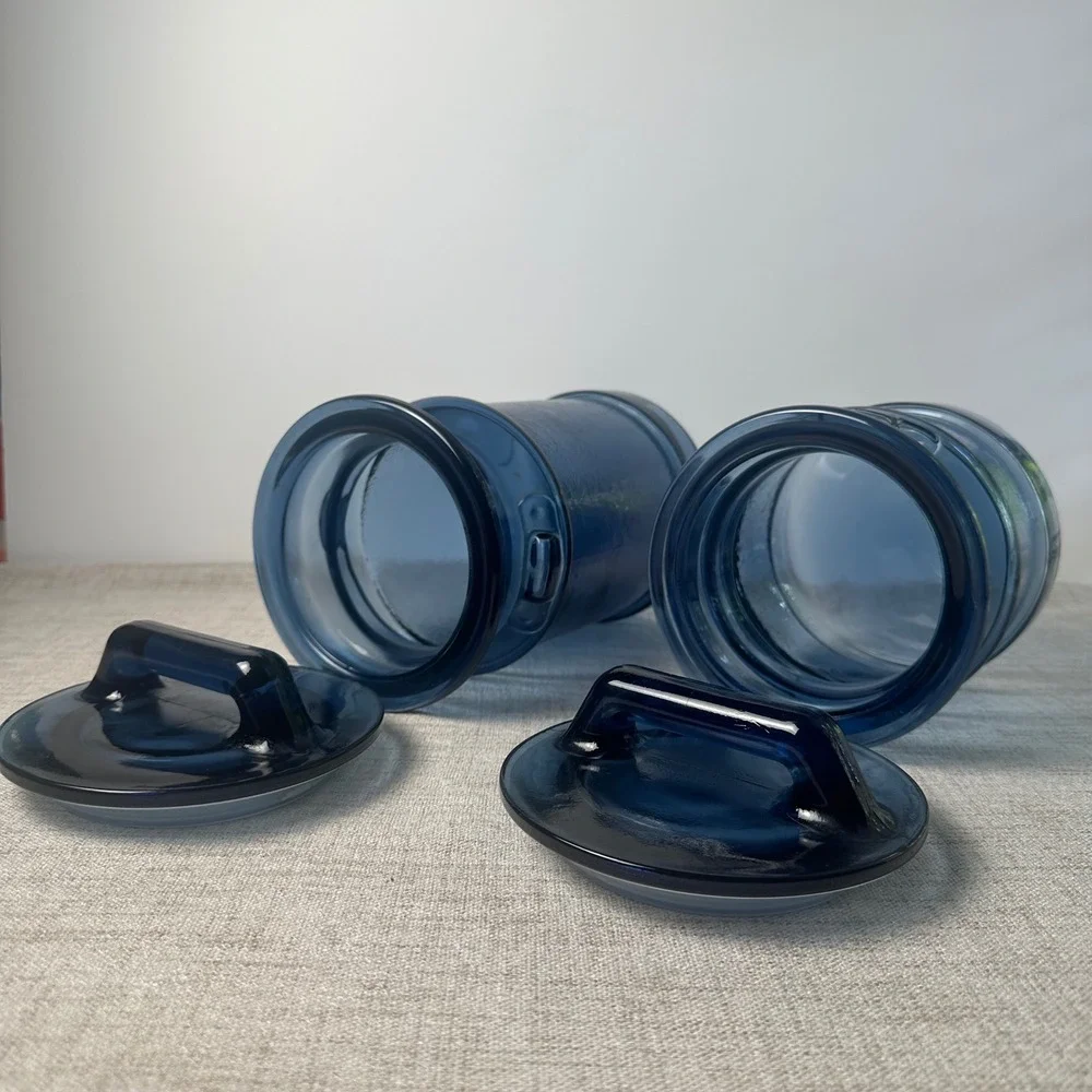 Vintage Cobalt Blue Glass Canister Set of 2 Handled Lids Kitchen Storage Jars